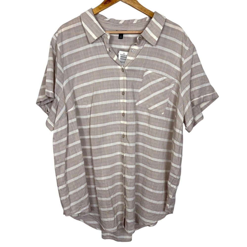Torrid Women 3X Shirt Taupe White Stripe Button Front Tunic Short Sleeve Capsule